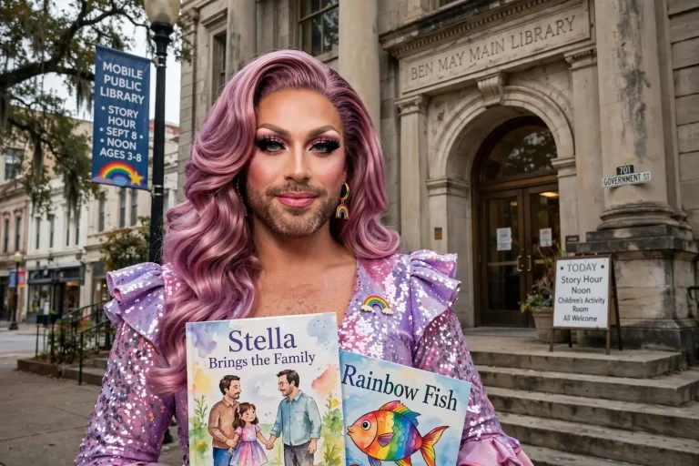 Illustration for the news story: Performer Speaks Out as Protests Loom Over Mobile’s First Drag Queen Story Hour