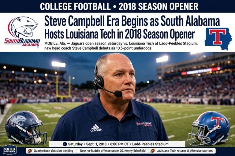 Illustration for the news story: Steve Campbell Era Begins as South Alabama Hosts Louisiana Tech in 2018 Season Opener