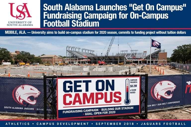 Illustration for the news story: South Alabama Launches “Get On Campus” Fundraising Campaign for On-Campus Football Stadium
