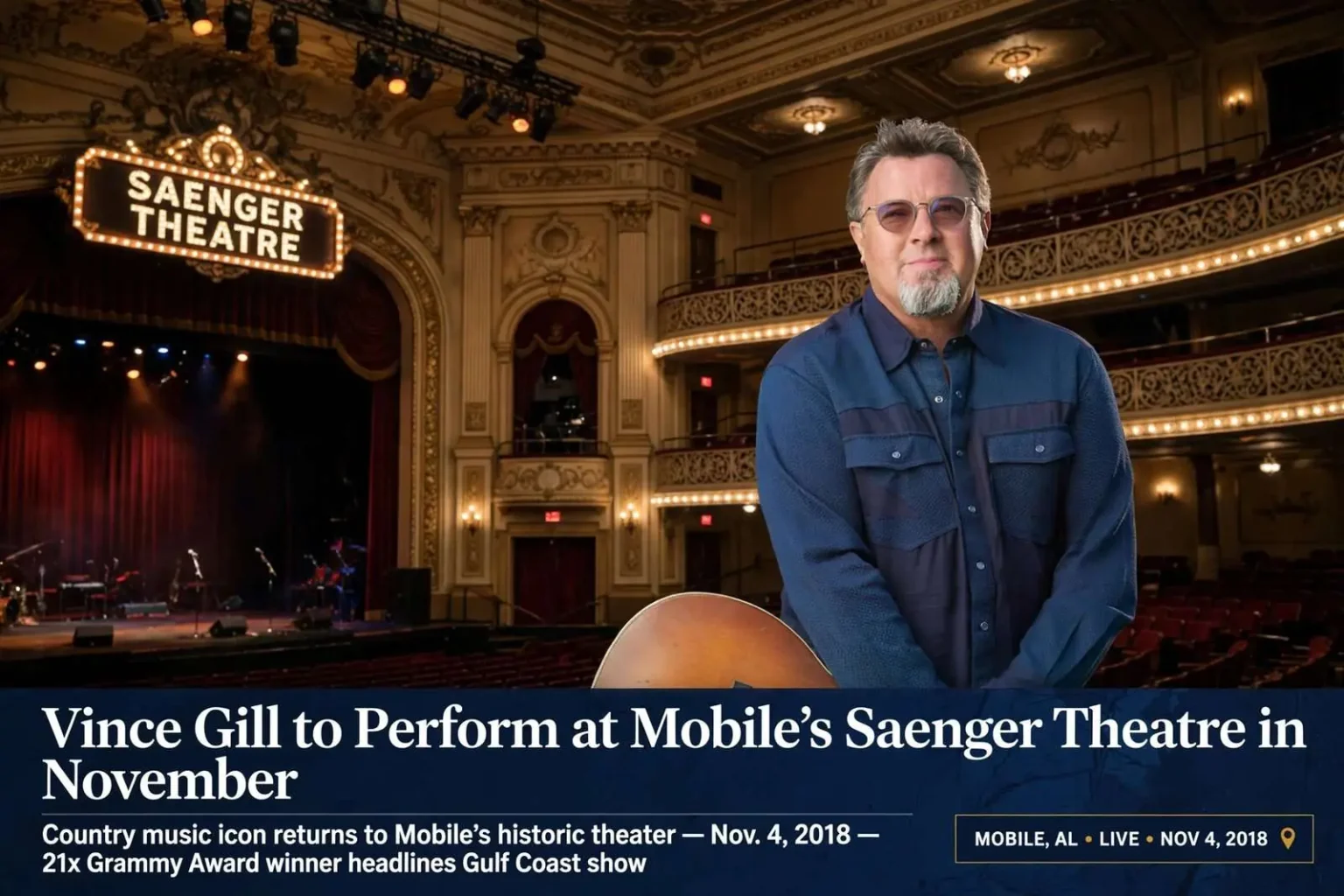 Illustration for the news story: Vince Gill to perform at Mobile’s Saenger Theatre in November