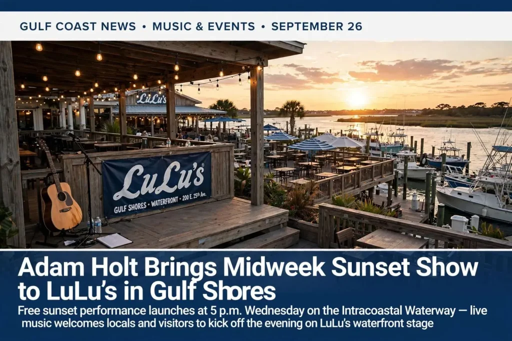 Illustration for the news story: Adam Holt Brings Midweek Sunset Show to LuLu’s in Gulf Shores