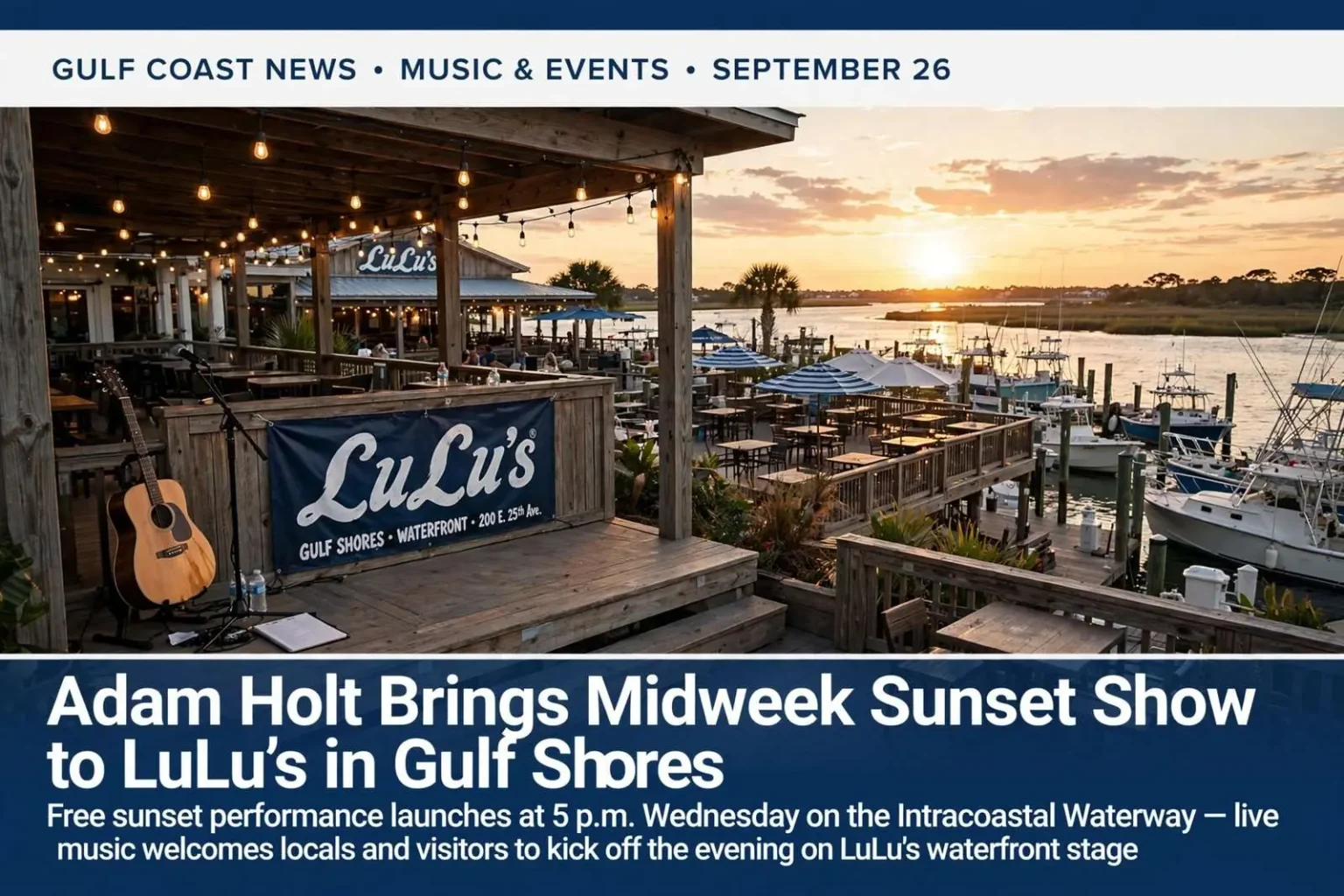 Illustration for the news story: Adam Holt Brings Midweek Sunset Show to LuLu’s in Gulf Shores