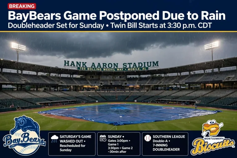 Illustration for the news story: BayBears Game Postponed Due to Rain, Doubleheader Set for Sunday