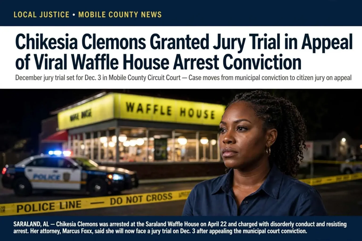 Illustration for the news story: Chikesia Clemons Granted Jury Trial in Appeal of Viral Waffle House Arrest Conviction