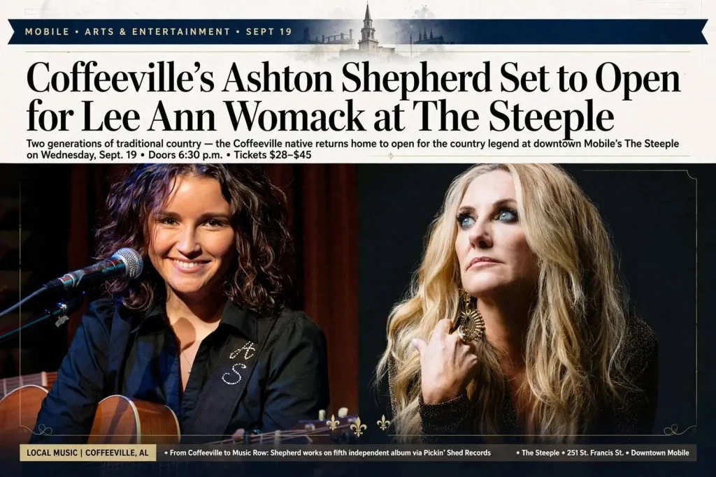 Illustration for the news story: Coffeeville’s Ashton Shepherd Set to Open for Lee Ann Womack at The Steeple