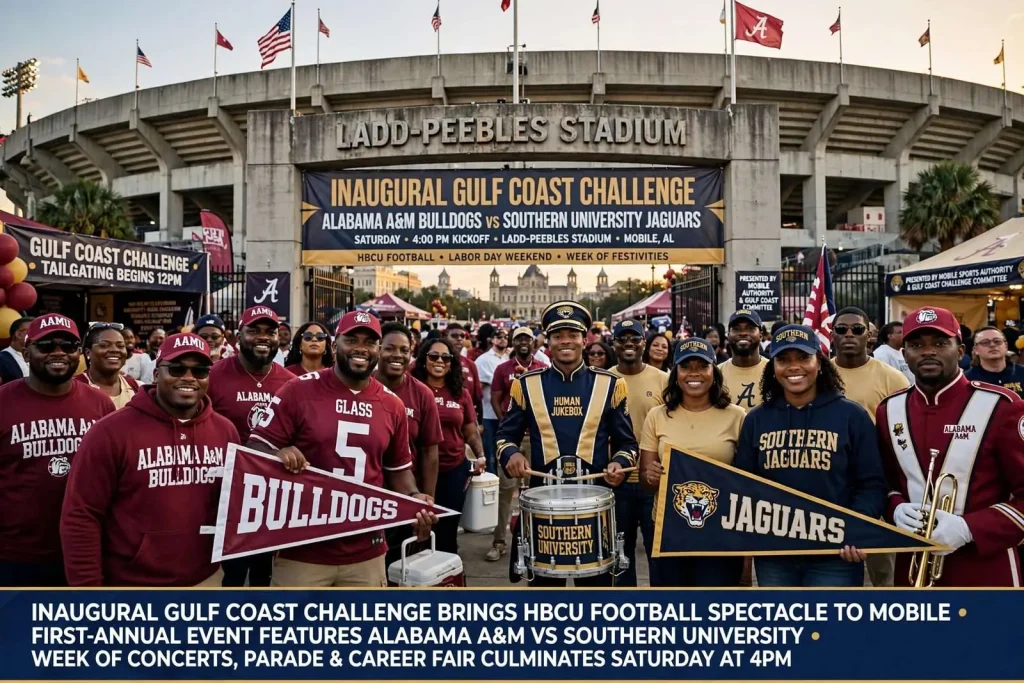 Illustration for the news story: Inaugural Gulf Coast Challenge brings an HBCU football spectacle to Mobile
