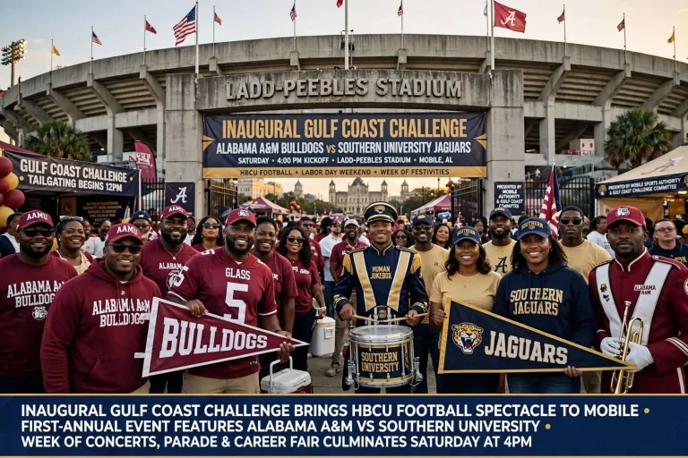 Illustration for the news story: Inaugural Gulf Coast Challenge brings an HBCU football spectacle to Mobile