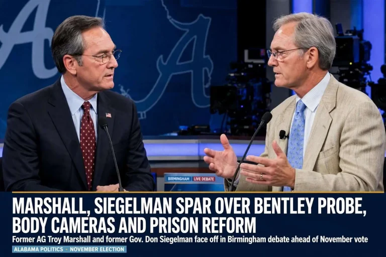 Illustration for the news story: Marshall, Siegelman Spar Over Bentley Probe, Body Cameras and Prison Reform Ahead of November Vote