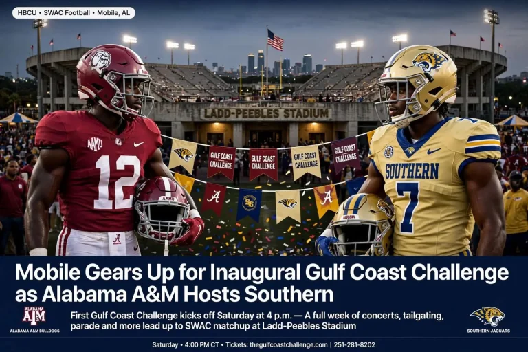 Illustration for the news story: Mobile Gears Up for Inaugural Gulf Coast Challenge as Alabama A&M Hosts Southern