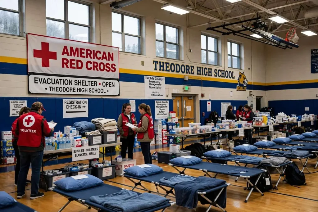 Illustration for the news story: Red Cross Opens Storm Evacuation Shelter at Theodore High School