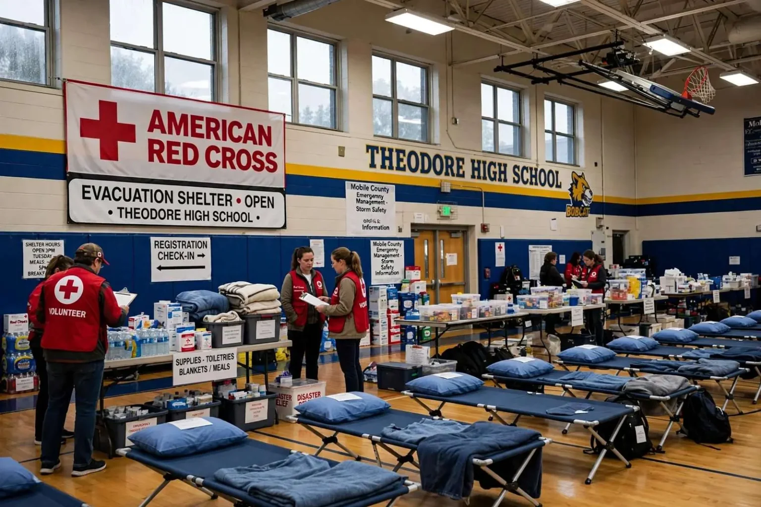 Illustration for the news story: Red Cross Opens Storm Evacuation Shelter at Theodore High School