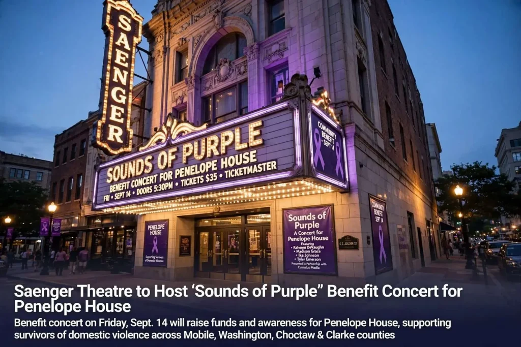 Illustration for the news story: Saenger Theatre to Host ‘Sounds of Purple’ Benefit Concert for Penelope House