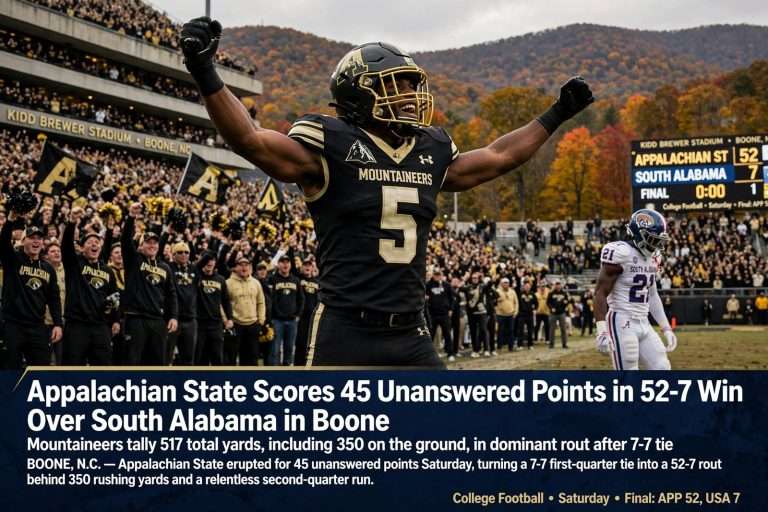 Illustration for the news story: Appalachian State Scores 45 Unanswered Points in 52-7 Win Over South Alabama in Boone
