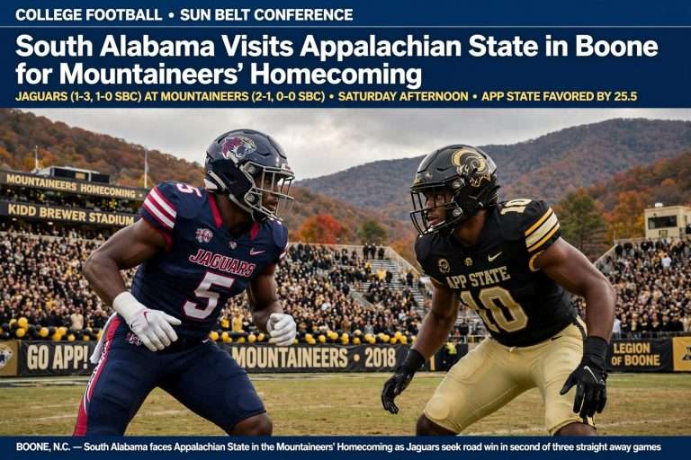 Illustration for the news story: South Alabama Visits Appalachian State in Boone for Mountaineers’ Homecoming