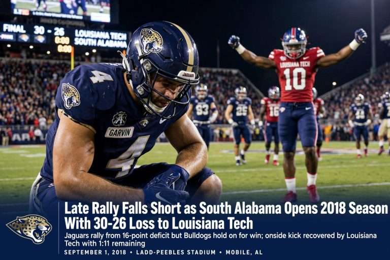Illustration for the news story: Late Rally Falls Short as South Alabama Opens 2018 Season With 30-26 Loss to Louisiana Tech