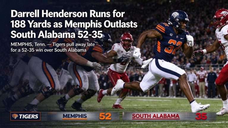 Illustration for the news story: Darrell Henderson Runs for 188 Yards as Memphis Outlasts South Alabama 52-35