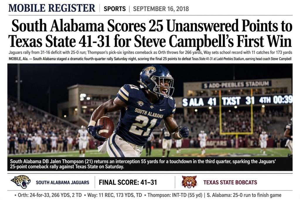 Illustration for the news story: South Alabama Scores 25 Unanswered Points to Beat Texas State 41-31 for Steve Campbell’s First Win