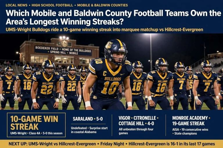 Illustration for the news story: Which Mobile and Baldwin County Football Teams Own the Area’s Longest Winning Streaks?