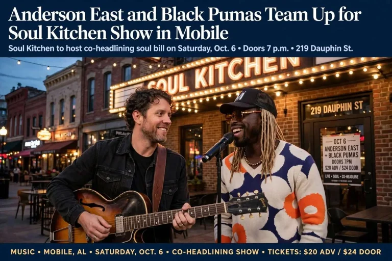 Illustration for the news story: Anderson East and Black Pumas Team Up for Soul Kitchen Show in Mobile