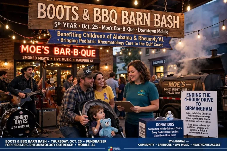 Illustration for the news story: Boots & BBQ Barn Bash Aims to Bring Pediatric Rheumatology Care to Mobile