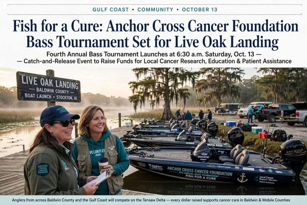 Illustration for the news story: Fish for a Cure: Anchor Cross Cancer Foundation Bass Tournament Set for Live Oak Landing