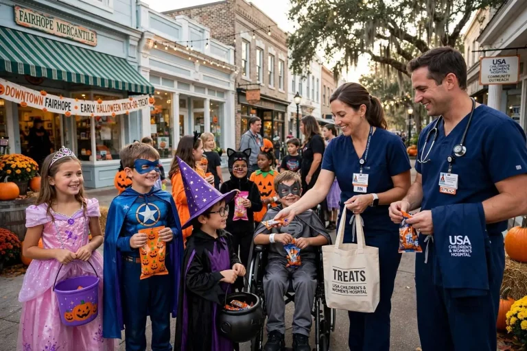 Illustration for the news story: Gulf Coast children get an early start on Halloween trick-or-treating in Fairhope and Mobile