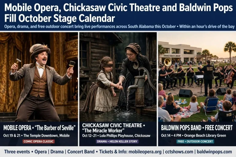 Illustration for the news story: Mobile Opera, Chickasaw Civic Theatre and Baldwin Pops Fill October Stage Calendar