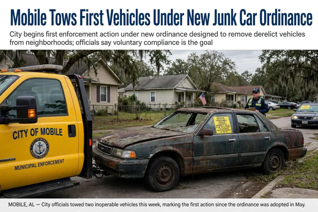 Illustration for the news story: Mobile Tows First Vehicles Under New Junk Car Ordinance