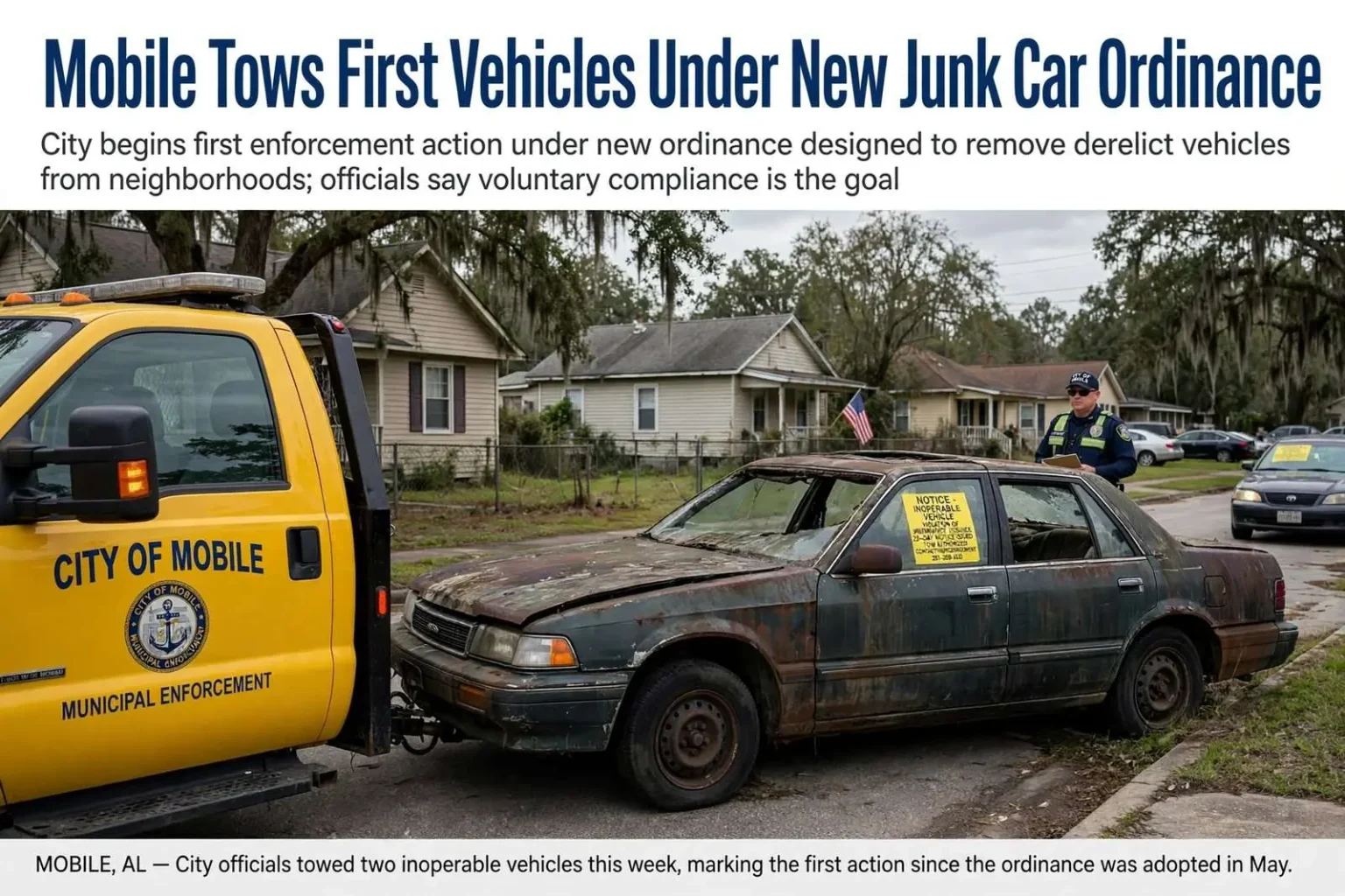 Illustration for the news story: Mobile Tows First Vehicles Under New Junk Car Ordinance
