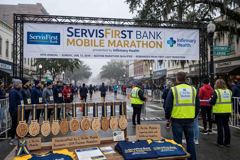 Illustration for the news story: Mobile’s First Light Marathon Rebrands as ServisFirst Bank Mobile Marathon for 2019
