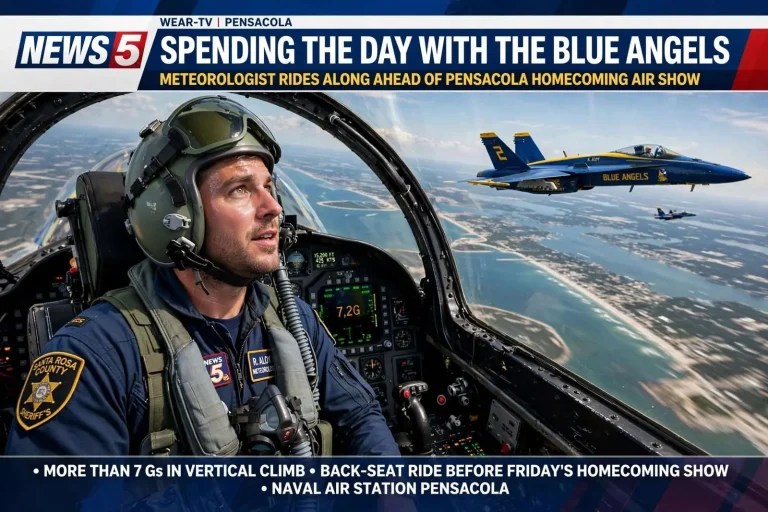 Illustration for the news story: News 5 spends the day with the Blue Angels ahead of Pensacola Homecoming