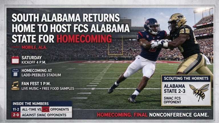 Illustration for the news story: South Alabama Returns Home to Host FCS Alabama State for Homecoming