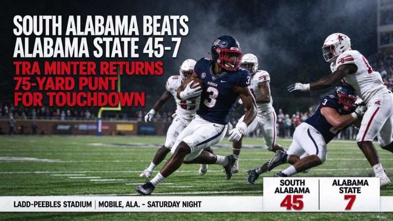 Illustration for the news story: South Alabama Beats Alabama State 45-7 as Tra Minter Returns Record 75-Yard Punt for Touchdown