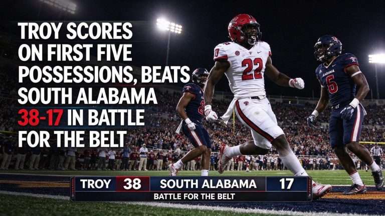 Illustration for the news story: Troy Scores on First Five Possessions, Beats South Alabama 38-17 in Battle for the Belt