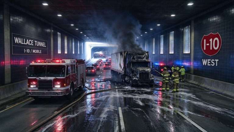 Illustration for the news story: Truck fire closes westbound lanes inside Wallace Tunnel