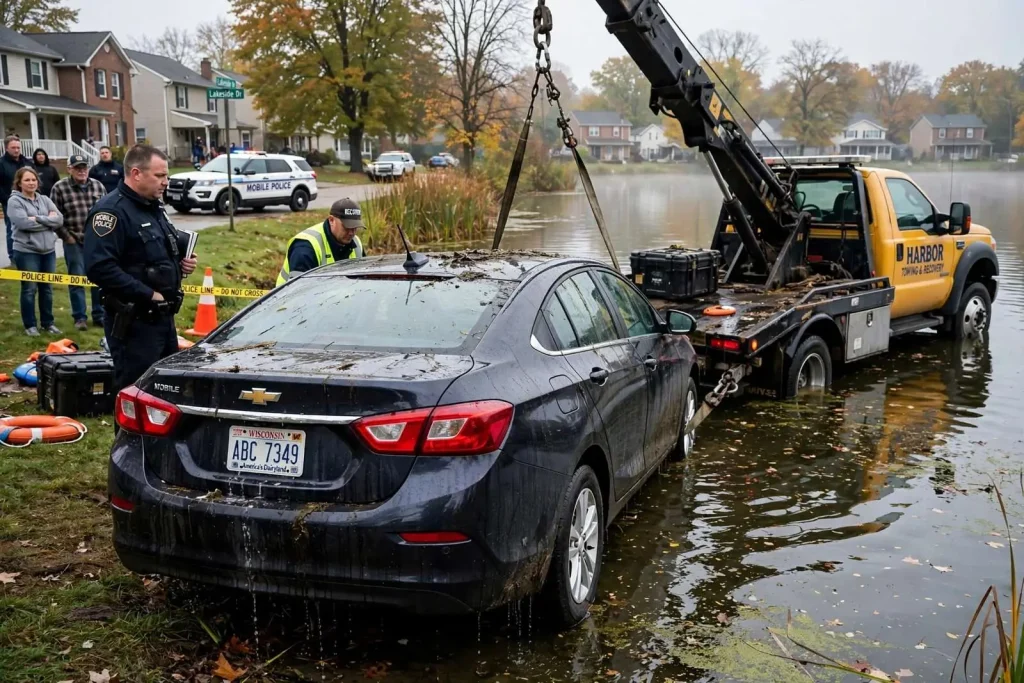 Illustration for the news story: Unoccupied Car With Wisconsin Plates Pulled From Mobile Lake Near Lakeside Drive