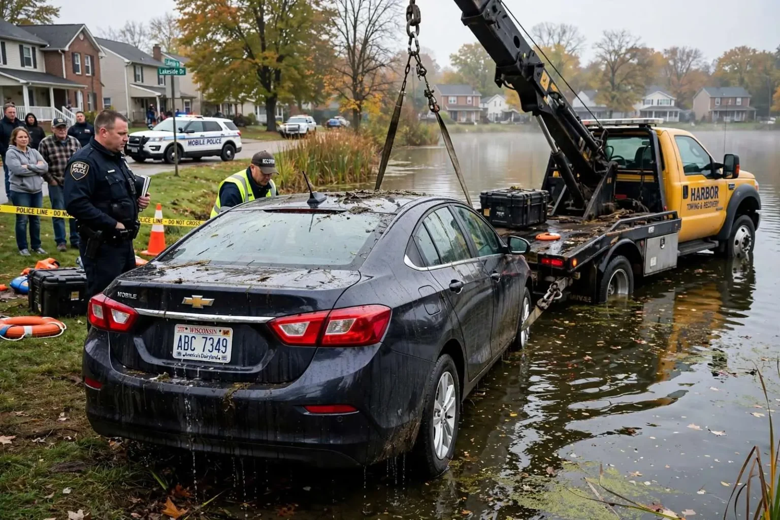 Illustration for the news story: Unoccupied Car With Wisconsin Plates Pulled From Mobile Lake Near Lakeside Drive