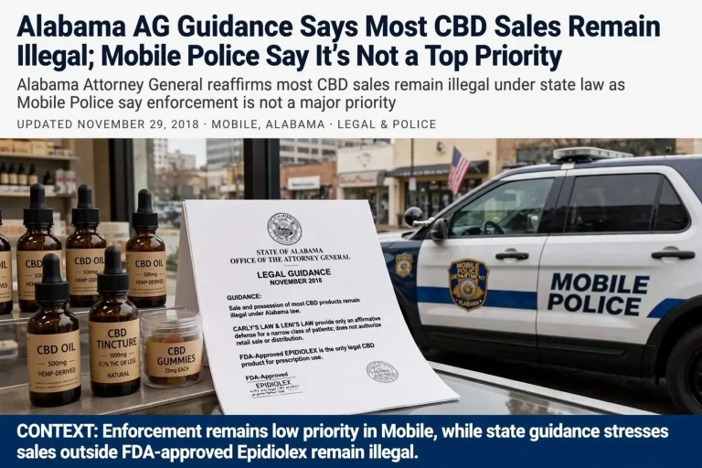 Illustration for the news story: Alabama AG Guidance Says Most CBD Sales Remain Illegal; Mobile Police Say It’s Not a Top Priority
