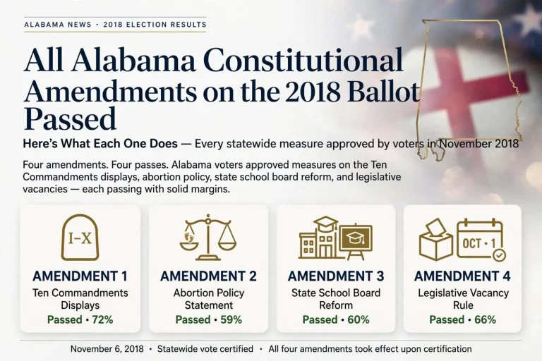 Illustration for the news story: All Alabama Constitutional Amendments on the 2018 Ballot Passed — Here’s What Each One Does