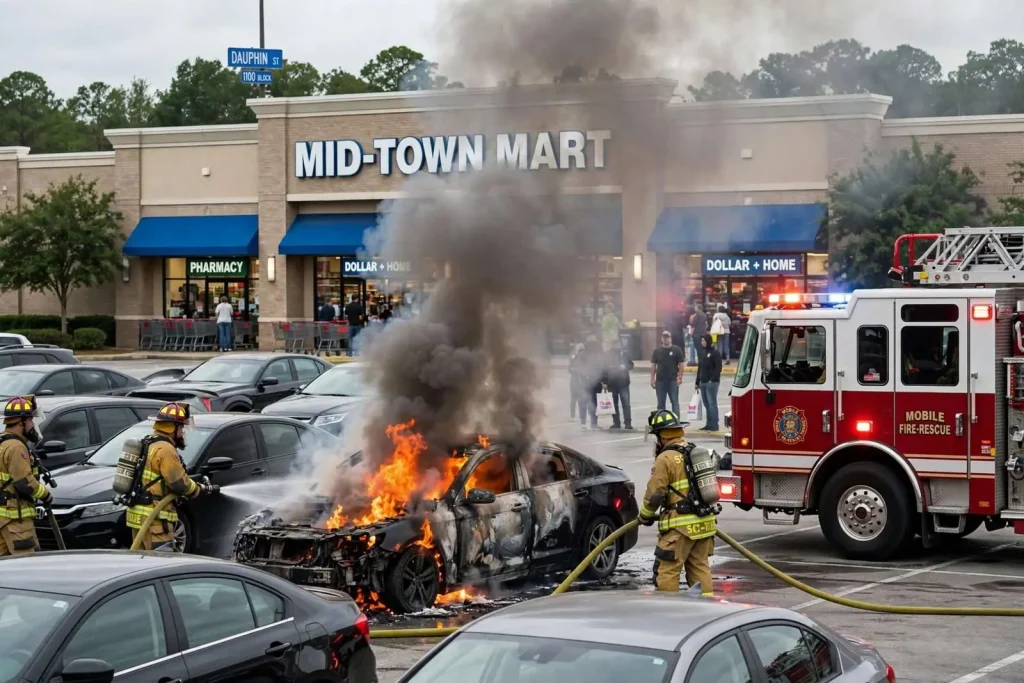 Illustration for the news story: Car Catches Fire in Mid-Town Mart Parking Lot on Dauphin Street