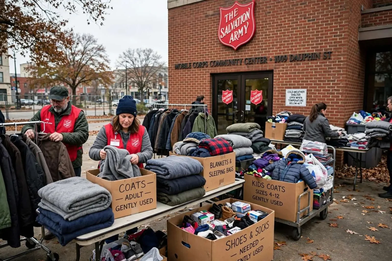 Illustration for the news story: Cold Nights Ahead: Mobile’s Salvation Army Collects Coats and Blankets Before Opening as Cold-Weather Shelter