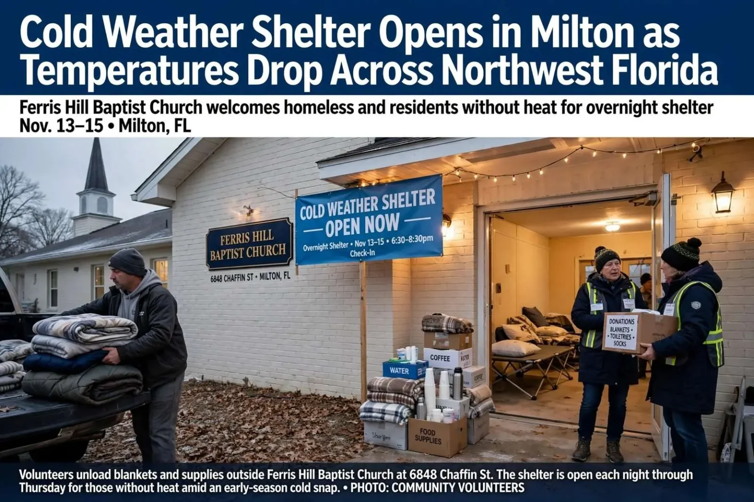 Illustration for the news story: Cold Weather Shelter Opens in Milton as Temperatures Drop Across Northwest Florida