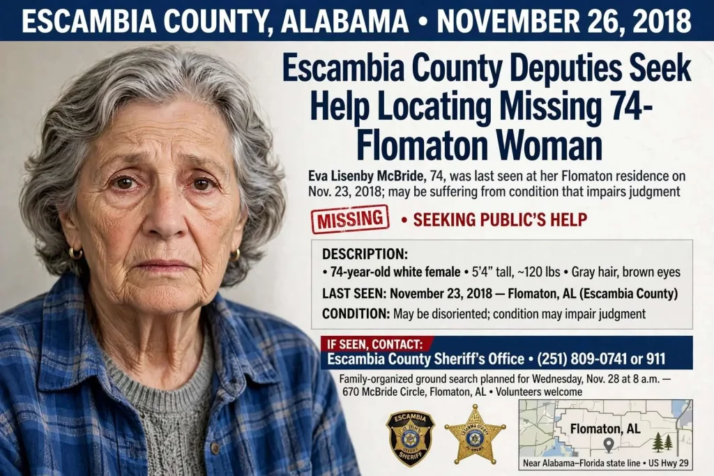 Illustration for the news story: Escambia County deputies seek help locating missing 74-year-old Flomaton woman