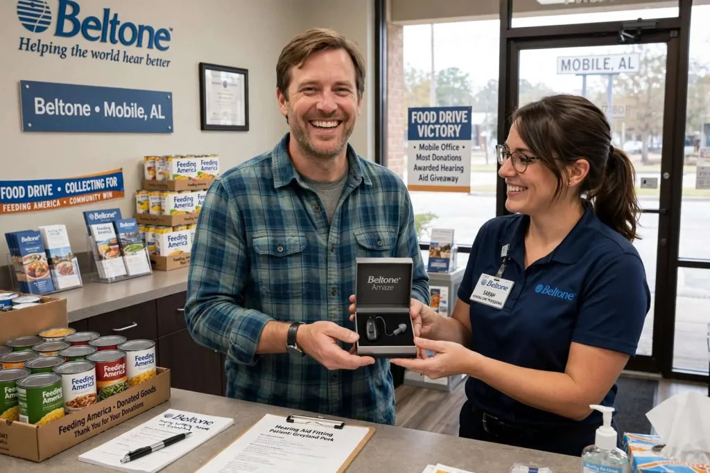 Illustration for the news story: Mobile Man Wins New Hearing Aid From Beltone After Food Drive Victory