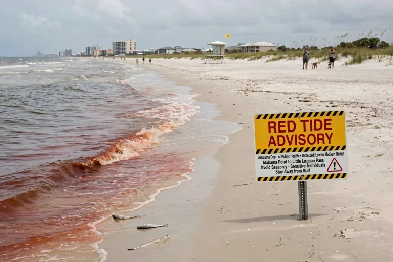 Illustration for the news story: Red tide detected in Gulf waters off Baldwin County shore