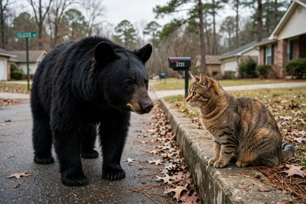 Illustration for the news story: Saraland Cat and Black Bear Face Off in Unforgettable Neighborhood Stare Down