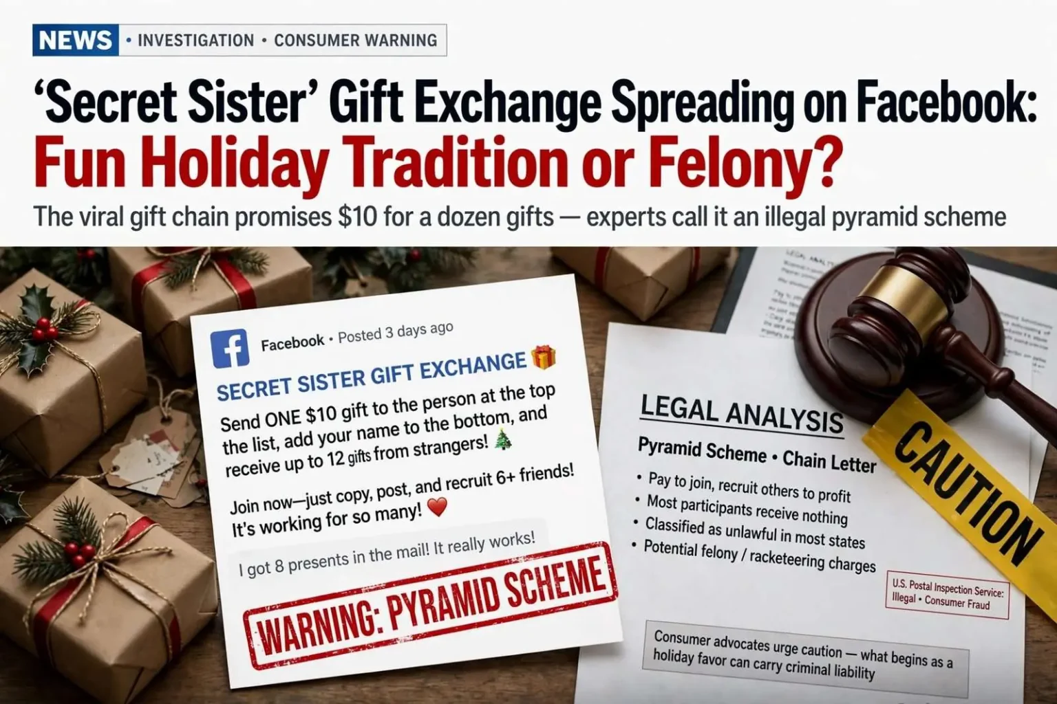 Illustration for the news story: ‘Secret Sister’ Gift Exchange Spreading on Facebook: Fun Holiday Tradition or Felony?