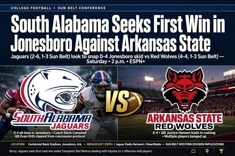 Illustration for the news story: South Alabama Seeks First Win in Jonesboro Against Arkansas State