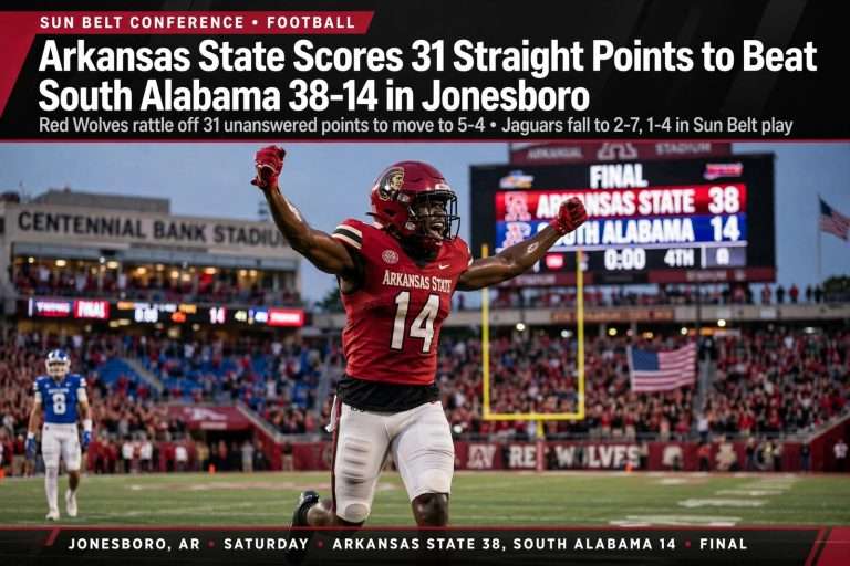 Illustration for the news story: Arkansas State Scores 31 Straight Points to Beat South Alabama 38-14 in Jonesboro