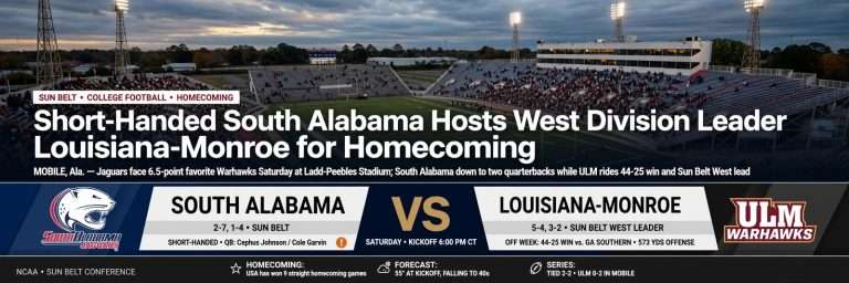 Illustration for the news story: Short-Handed South Alabama Hosts West Division Leader Louisiana-Monroe for Homecoming